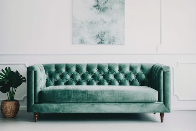 Acogedora sala de estar con un sofá de terciopelo verde y una planta en maceta IA generativa