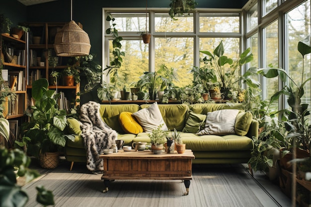 Acogedora sala de estar con sofá verde y mesa de café de fácil acceso Imagen de stock con IA generativa