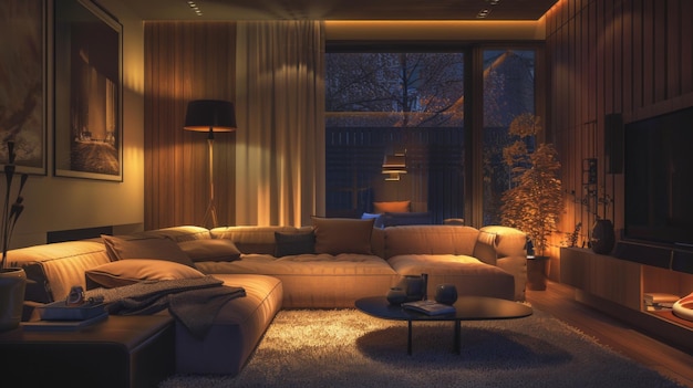 Una acogedora sala de estar con sofás de peluche y iluminación cálida que invita a la relajación y actividades de ocio para toda la familia