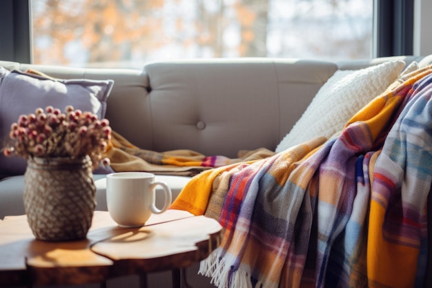 Acogedora sala de estar en la temporada de invierno con cálido cuadrado en el sofá mesa de café lugar para relajarse interior elegante para una vida cómoda