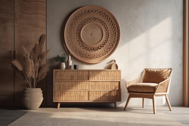 Acogedora sala de estar con un tocador de madera y una silla cómoda IA generativa