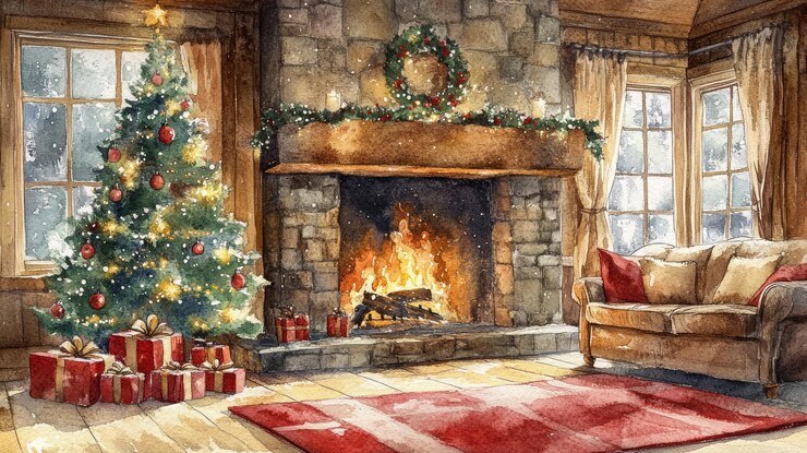 Una acogedora sala de estar de vacaciones con una chimenea de árbol decorada y regalos