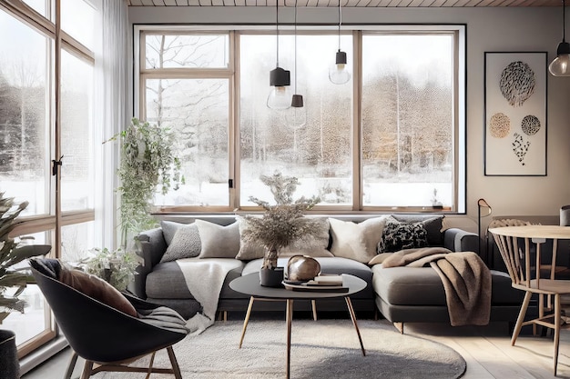 Acogedora sala de estar con ventanas de piso a techo y decoración escandinava elegante