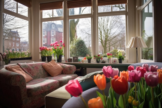 Una acogedora sala de estar con vista a los tulipanes que florecen en el jardín delantero