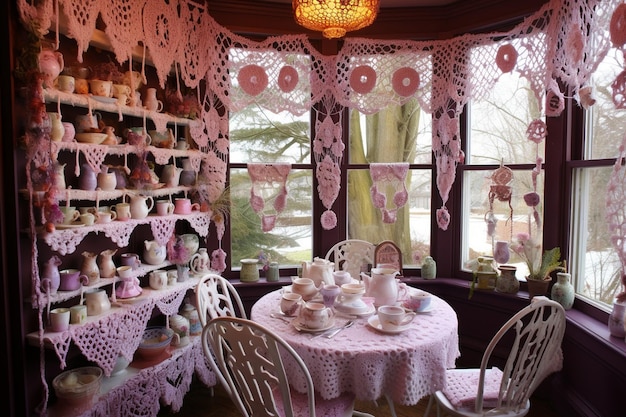 Acogedora sala de té con cortinas de encaje en las ventanas