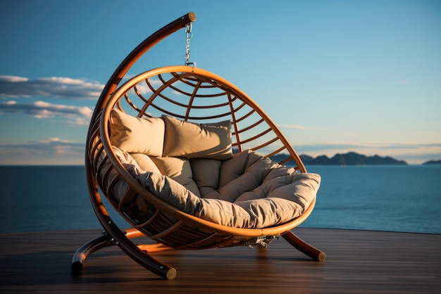 Acogedora silla de hamaca de mimbre con una almohada en la terraza de una casa de campo