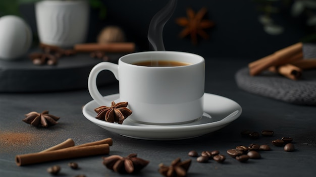 Acogedora taza de café rodeada de especias invitando a la calidez y el sabor perfecto para el ambiente de la cafetería contenido de desayuno fotografía moderna estilo minimalista IA