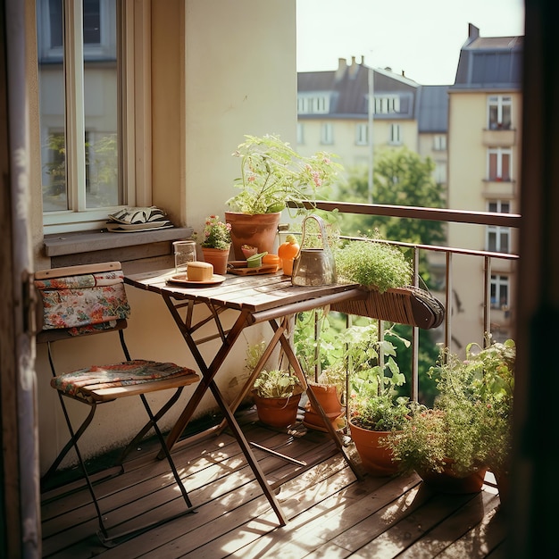 Acogedora terraza de apartamento de la ciudad con muebles de patio y plantas en maceta