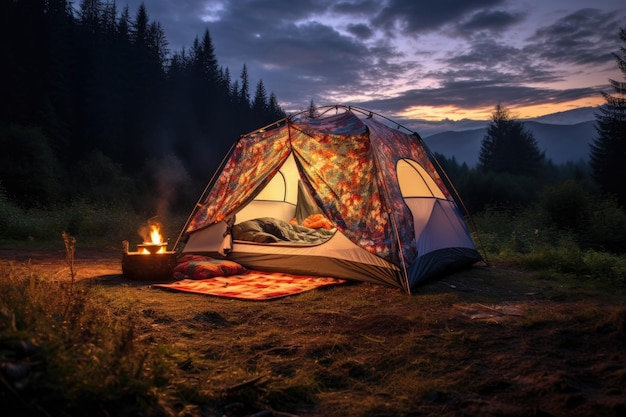 Una acogedora tienda de campaña en un hermoso campamento