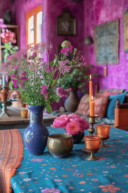 Acogedora zona de comedor de inspiración india con sábanas de mesa bordadas Br diseño interior Decoración creativa