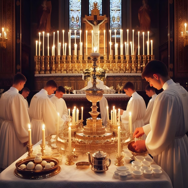 Los acólitos prepararon cuidadosamente el altar para la liturgia sagrada arreglando velas y lino con meti