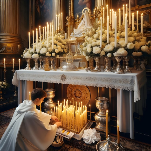 Foto los acólitos prepararon cuidadosamente el altar para la liturgia sagrada arreglando velas y lino con meti