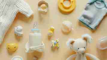 Foto acomodarse con accesorios para dormir del bebé con botellas de leche, chupete y juguetes para recién nacidos