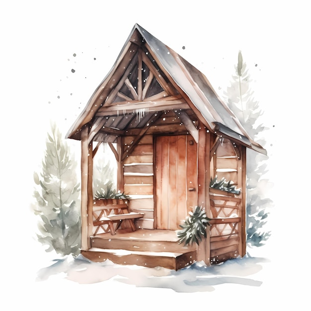 Aconchegante cabana de inverno coberta de neve Aquarela desenho com luzes de Natal e decorações festivas