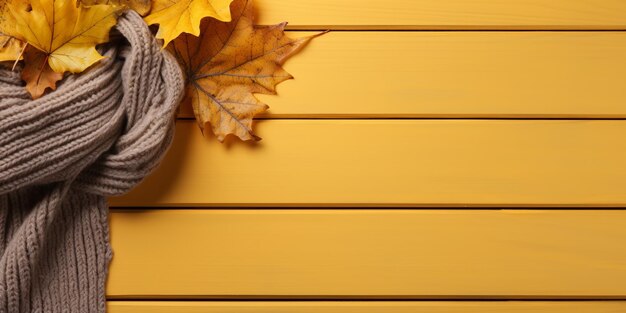 Aconchegante camada plana de outono com folhas e lenço de malha