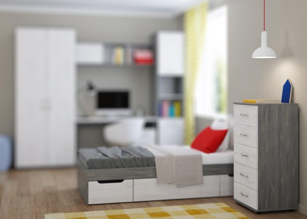 Aconchegante e elegante quarto projetado para um adolescente. Interior brilhante com acentos brilhantes. renderização 3D.
