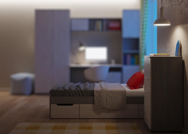 Aconchegante e elegante quarto projetado para um adolescente. Noite. Iluminação noturna. renderização 3D.