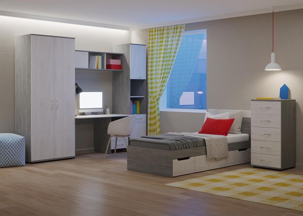 Aconchegante e elegante quarto projetado para um adolescente. Noite. Iluminação noturna. renderização 3D.