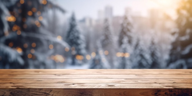 Aconchegante inverno vibra fundo de árvore nevada em uma mesa de madeira com IA generativa