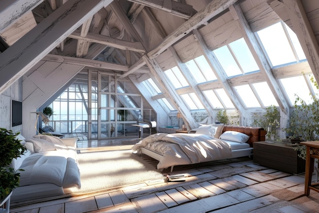 Aconchegante Loft Bedroom Moderno Desenho de Interiores de Ático com Charme Rústico