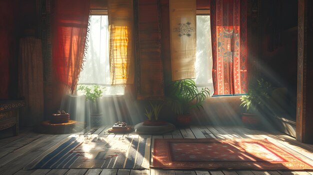 Foto aconchegante meditação lhasa quarto de estilo tibetano com uma grande janela uma vista das montanhas colorido