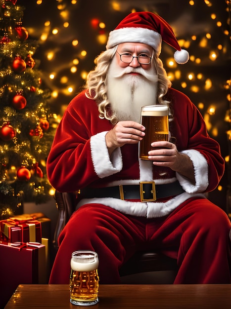 Foto aconchegante papai noel com cerveja, tiro no escuro, cores pantone detalhadas, ia generativa gerada