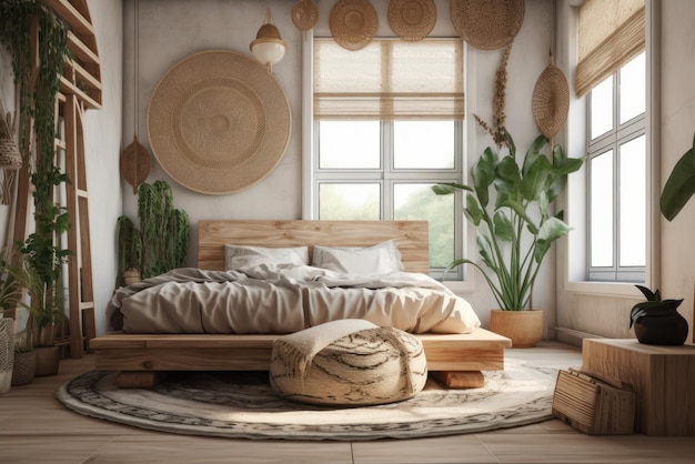 Aconchegante quarto estilo boho móveis de bambu de madeira têxteis naturais abajures de vime e decoração ao vivo ou