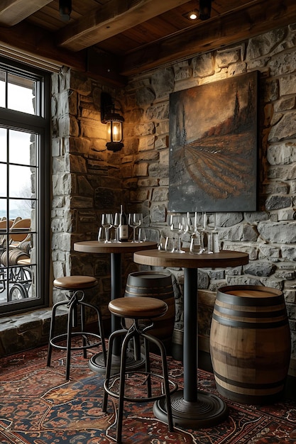 Foto aconchegante sala de degustação de vinhos de inspiração italiana com paredes de pedra wine bar layout interior decoração criativa