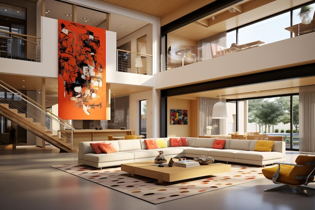 Aconchegante sala de estar Arafed com impressionante arte na parede e escada elegante generativa AI