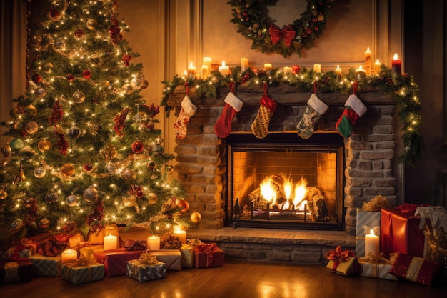 Foto aconchegante sala de estar com lareira e árvore de natal no interior clássico fundo de feliz natal