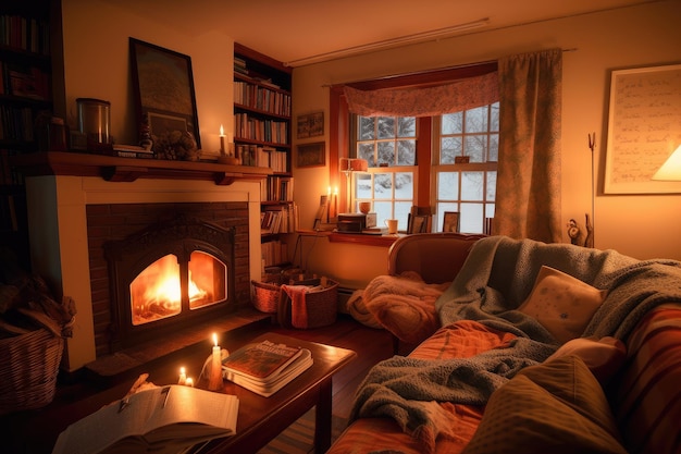 Foto aconchegante sala de estar com livros de lareira e cobertor quente no sofá