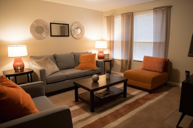Foto aconchegante sala de estar com sofás macios e iluminação quente, perfeita para relaxar após um longo dia