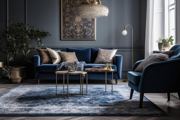 Aconchegante sala de estar com um sofá azul e duas cadeiras Generative AI