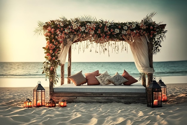 Foto aconchegante sofá de madeira à beira-mar decorado com flores tropicais férias românticas à beira-mar sunny beach ai