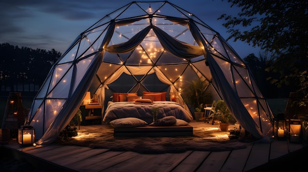 Aconchegante tenda de acampamento com cama e luzes festivas para um sonhador O