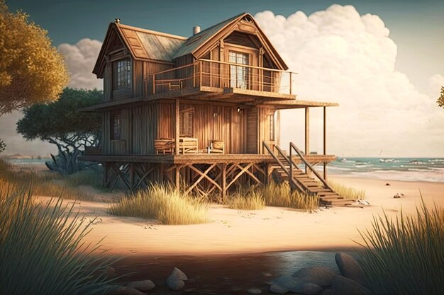 Aconchegante villa de madeira à beira-mar ao lado da lagoa do mar generativa ai