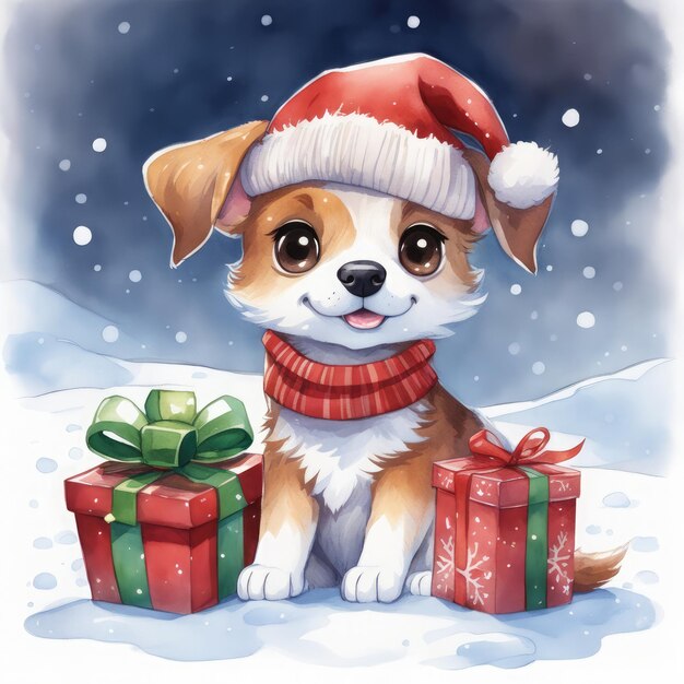 Aconchegante Winter Bliss Kawaii Chibi Dog em uma cena de Natal