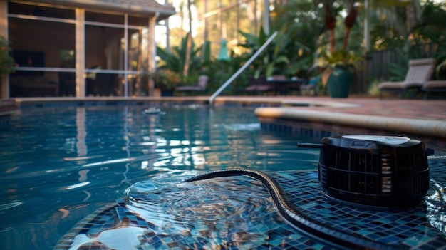 Acoplado ao aquecedor da piscina está um longo cabo enrolado que o conecta a uma fonte de energia próxima para