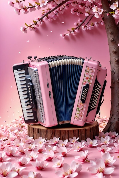 Foto acordeón arte acústico en el fondo flor de sakura