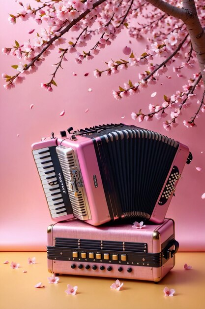 Foto acordeón arte acústico en el fondo flor de sakura