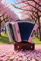 Foto acordeón arte acústico en el fondo flor de sakura