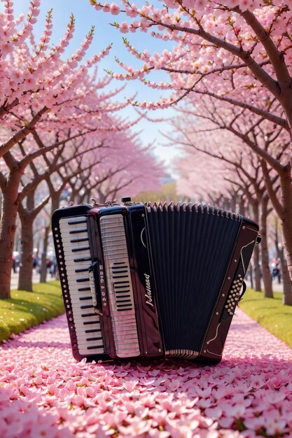 Foto acordeón arte acústico en el fondo flor de sakura