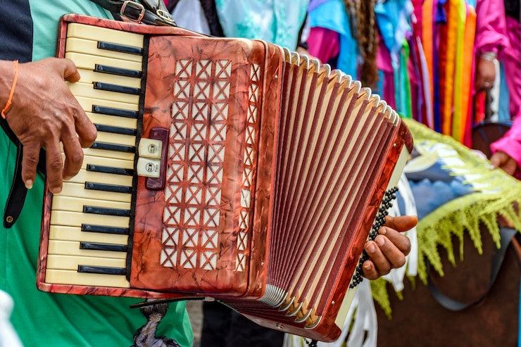 Foto acordeonista tocando durante um importante e tradicional festival religioso nas ruas do brasil