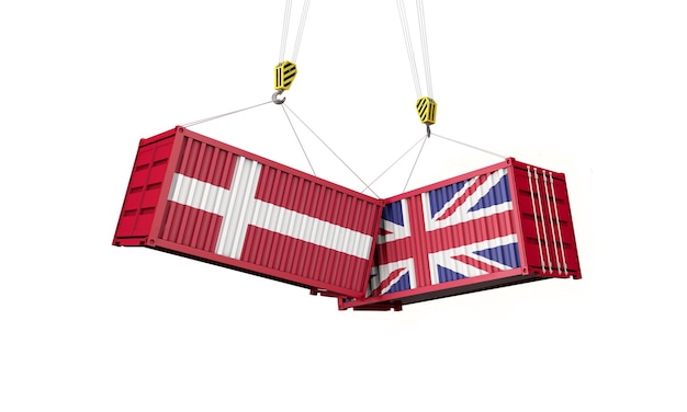 Acordo comercial do Reino Unido e da Dinamarca conflitantes contêineres de carga d render