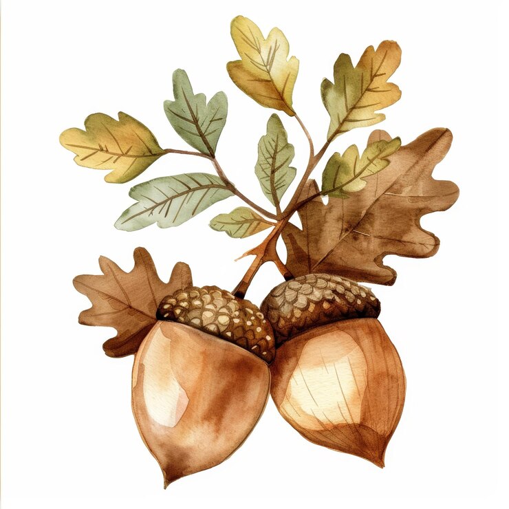 Acorn caprichoso y hojas acuarela Clipart Elemento botánico con diseño lindo aislado en fondo blanco