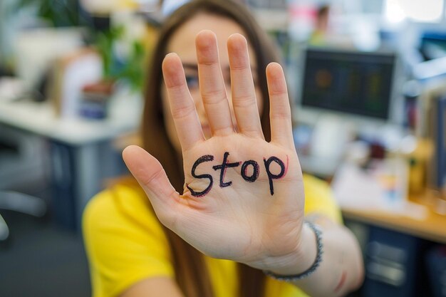 Acoso en el trabajo mujer triste enojada aterrorizada asustada asustada hombre parar sin presión maltrato masculino infeliz