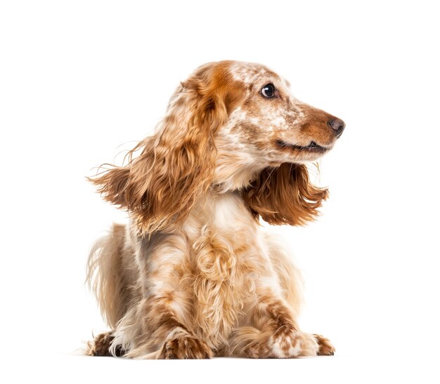 Acostado Cocker Spaniel Inglés, mirando a otro lado, aislado en blanco