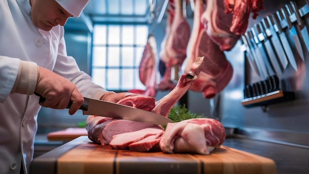 Açougueiro a cortar carne de porco na cozinha