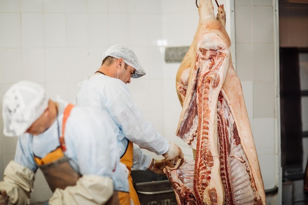Açougueiro cortando carne de porco na indústria de carnes