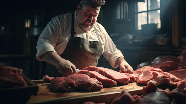 Açougueiro cortando carne na mesa